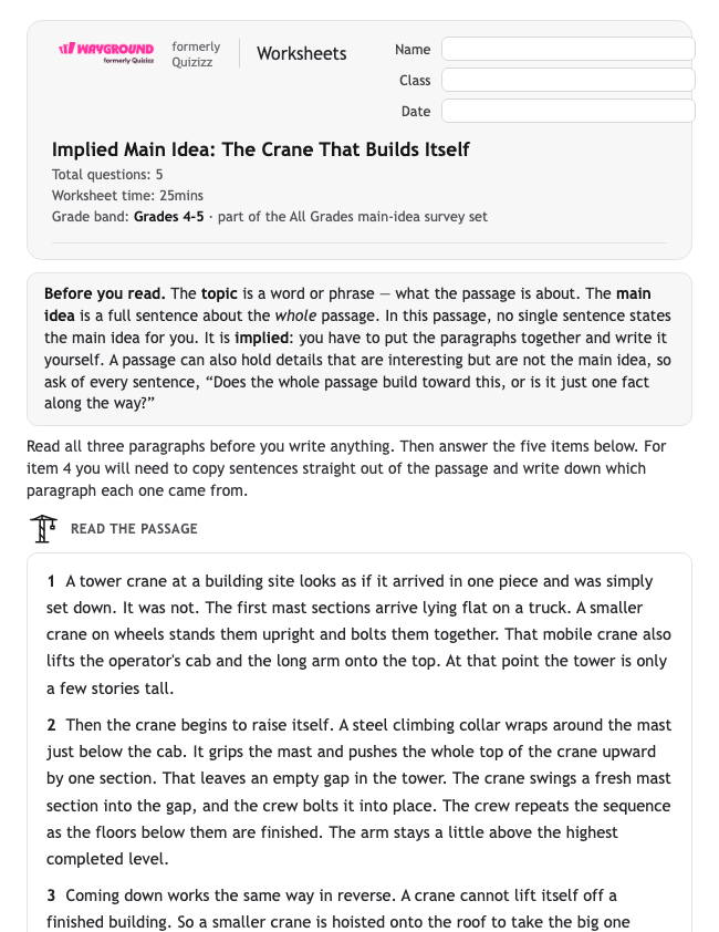 Implied Main Idea: The Crane That Builds Itself - Printable Identifying-the-main-idea Worksheets - Wayground