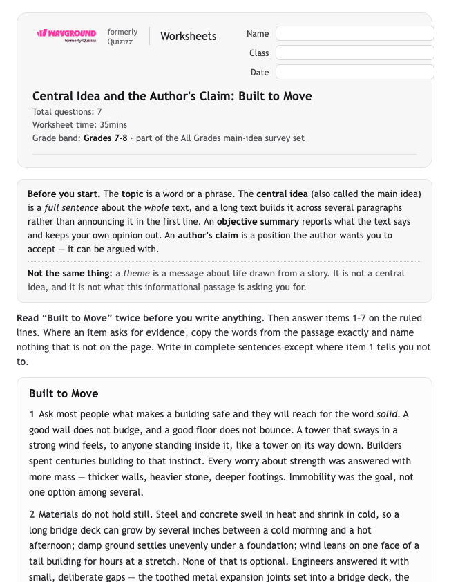 Central Idea and the Author's Claim: Built to Move - Printable Identifying-the-main-idea Worksheets - Wayground