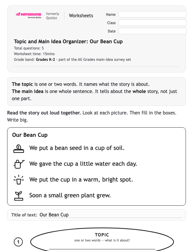 Topic and Main Idea Organizer: Our Bean Cup - Printable Identifying-the-main-idea Worksheets - Wayground