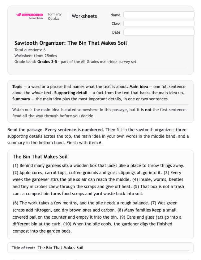 Sawtooth Organizer: The Bin That Makes Soil - Printable Identifying-the-main-idea Worksheets - Wayground