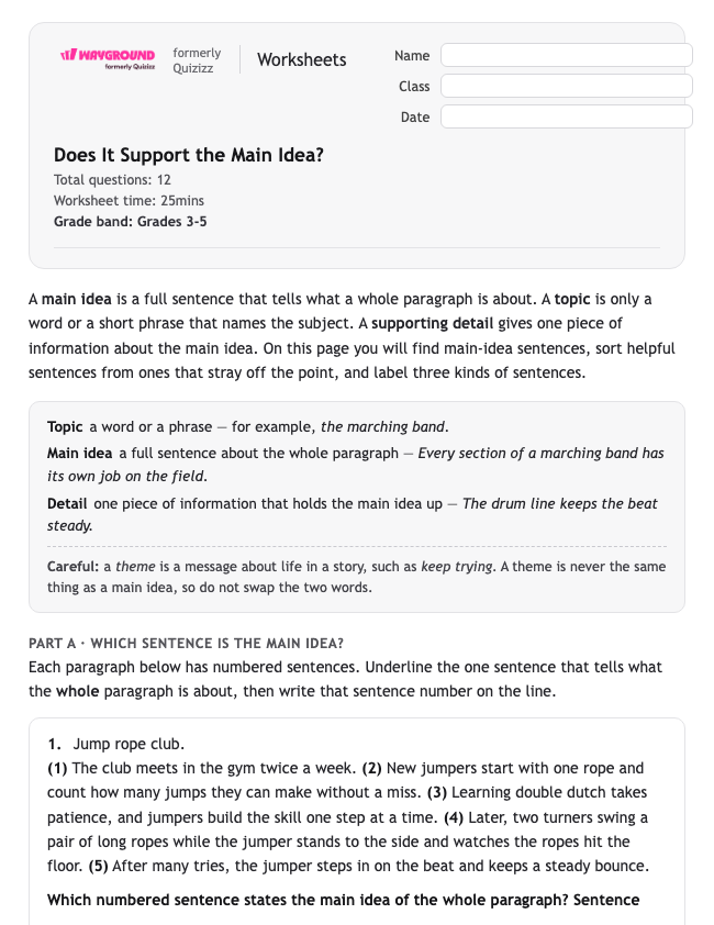 Does It Support the Main Idea? - Printable Identifying-the-main-idea Worksheets - Wayground