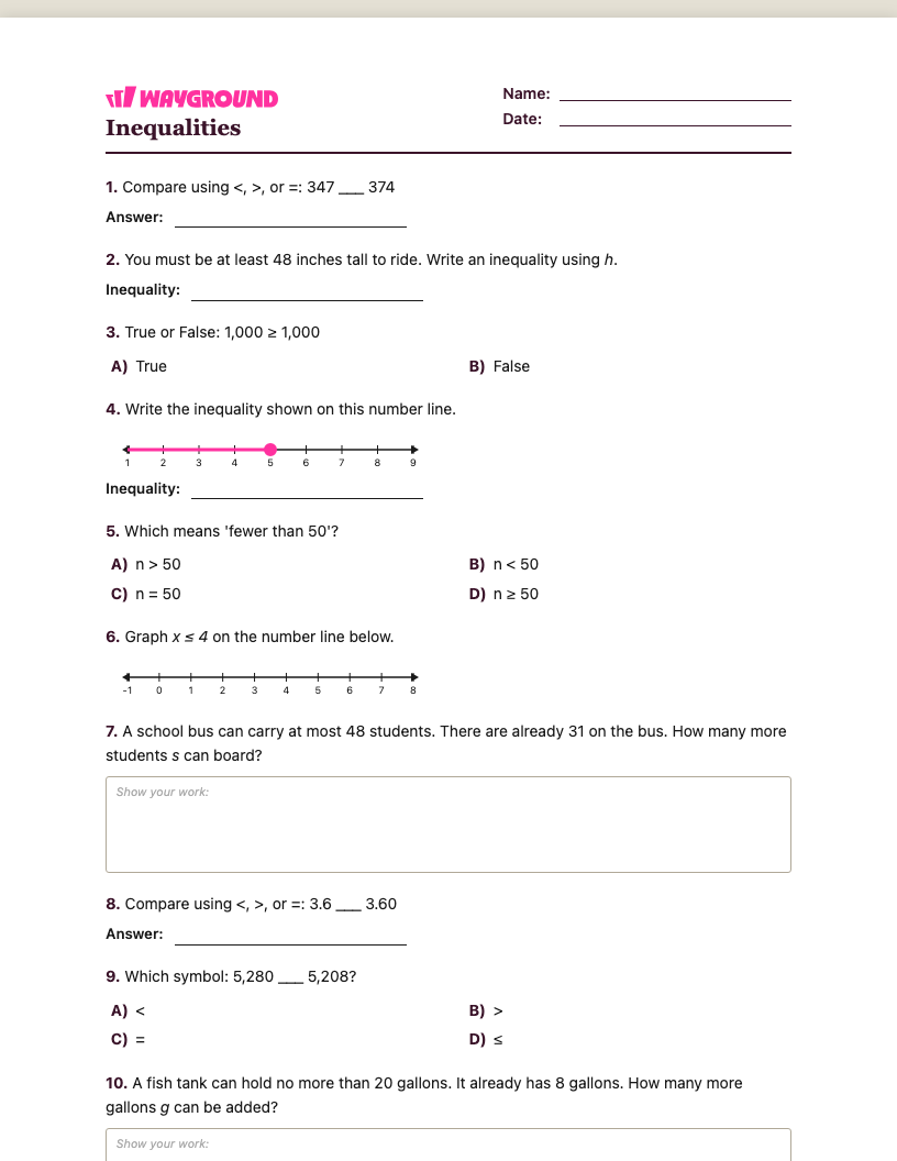 Inequalities Worksheet - พิมพ์ได้ ความไม่เท่าเทียม เวิร์กชีท ระดับ 5 - Wayground