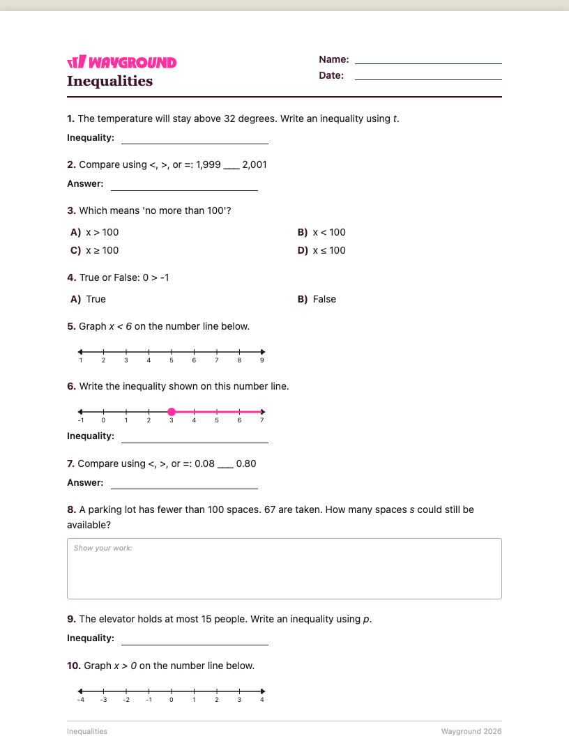 Inequalities Worksheet - พิมพ์ได้ ความไม่เท่าเทียม เวิร์กชีท ระดับ 5 - Wayground
