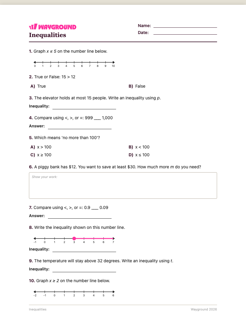 Inequalities Worksheet - พิมพ์ได้ ความไม่เท่าเทียม เวิร์กชีท ระดับ 5 - Wayground
