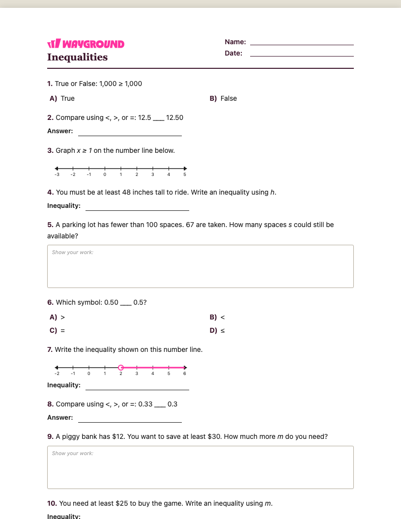 Inequalities Worksheet - พิมพ์ได้ ความไม่เท่าเทียม เวิร์กชีท ระดับ 5 - Wayground