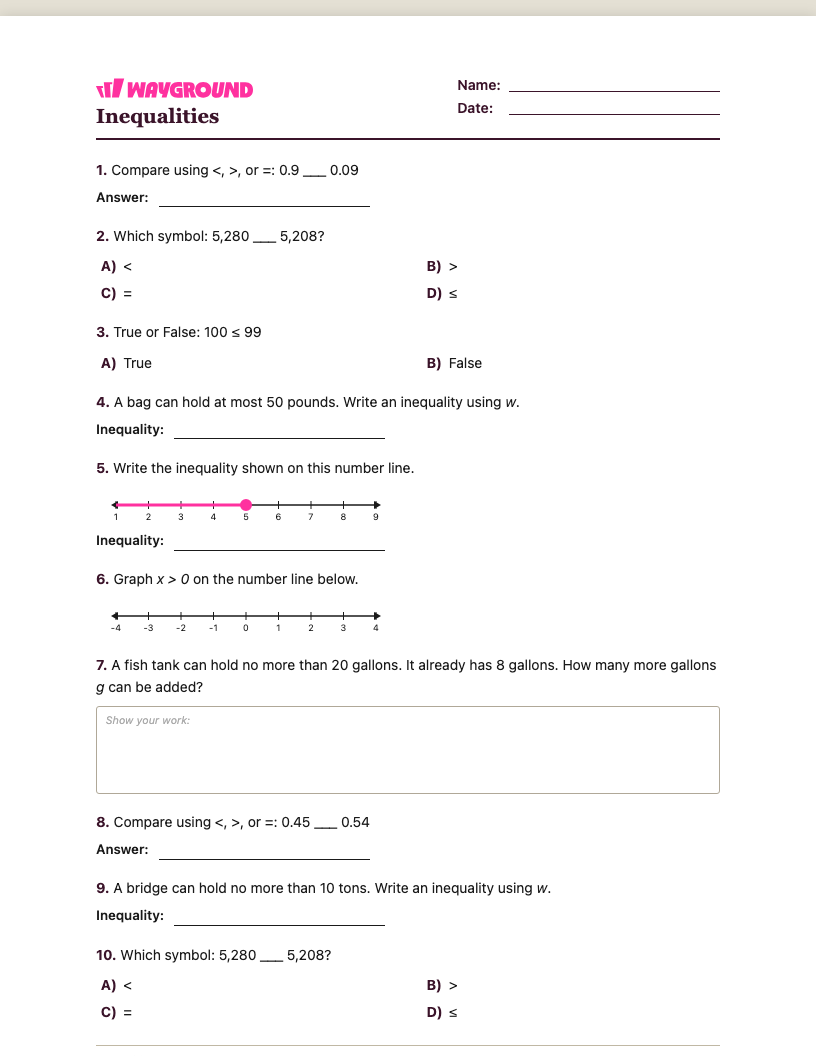 Inequalities Worksheet - พิมพ์ได้ ความไม่เท่าเทียม เวิร์กชีท ระดับ 5 - Wayground