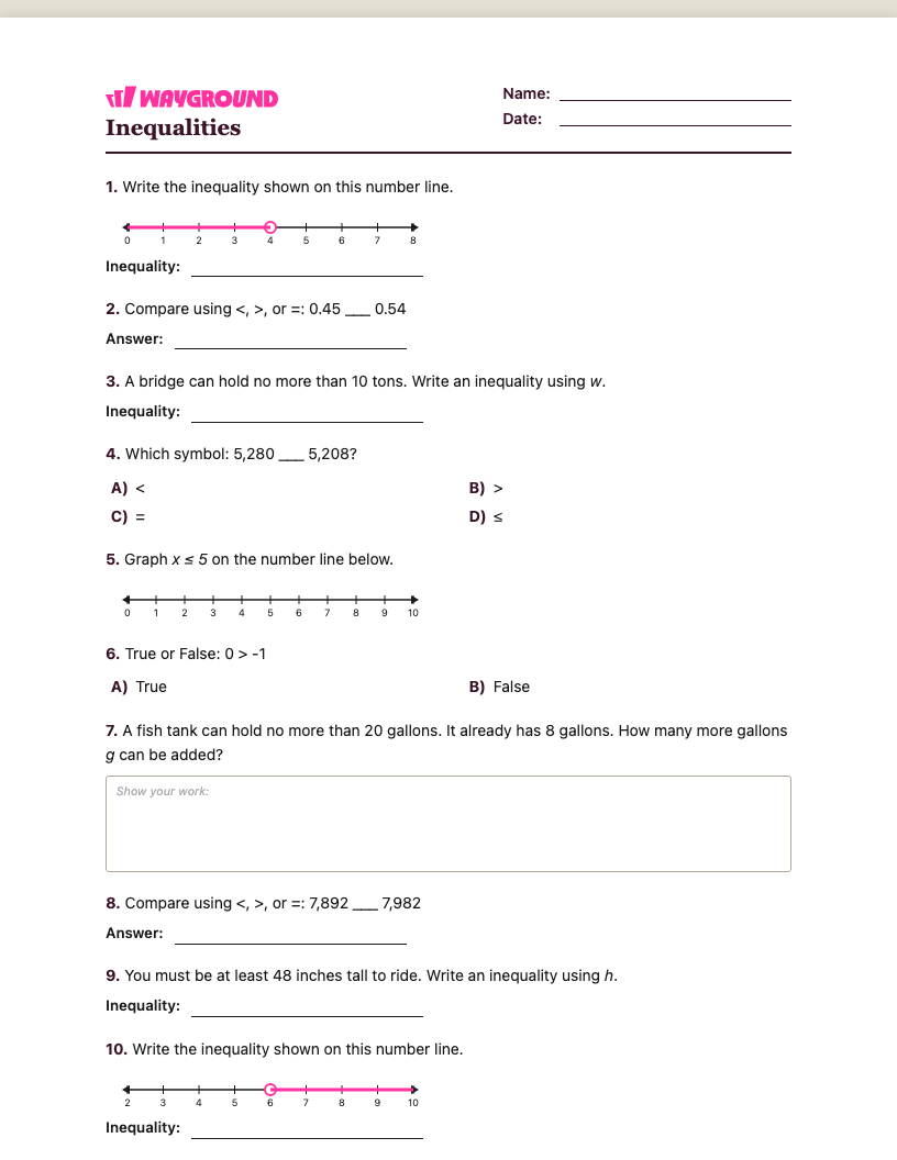 Inequalities Worksheet - พิมพ์ได้ ความไม่เท่าเทียม เวิร์กชีท ระดับ 5 - Wayground