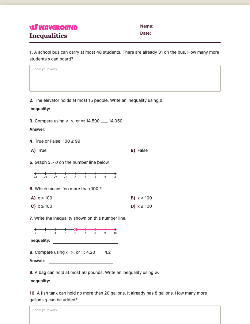 Inequalities Worksheet - พิมพ์ได้ ความไม่เท่าเทียม เวิร์กชีท ระดับ 5 - Wayground