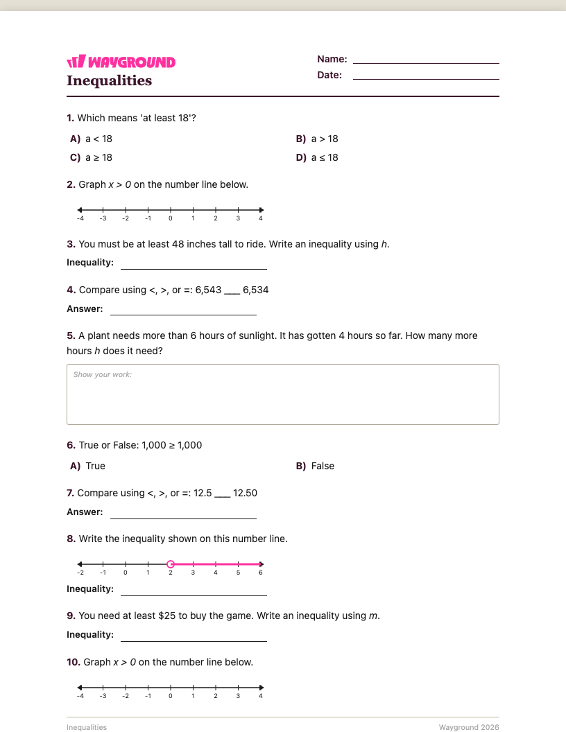 Inequalities Worksheet - พิมพ์ได้ ความไม่เท่าเทียม เวิร์กชีท ระดับ 5 - Wayground