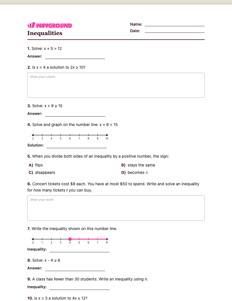 Inequalities Worksheet - พิมพ์ได้ ความไม่เท่าเทียม เวิร์กชีท - Wayground