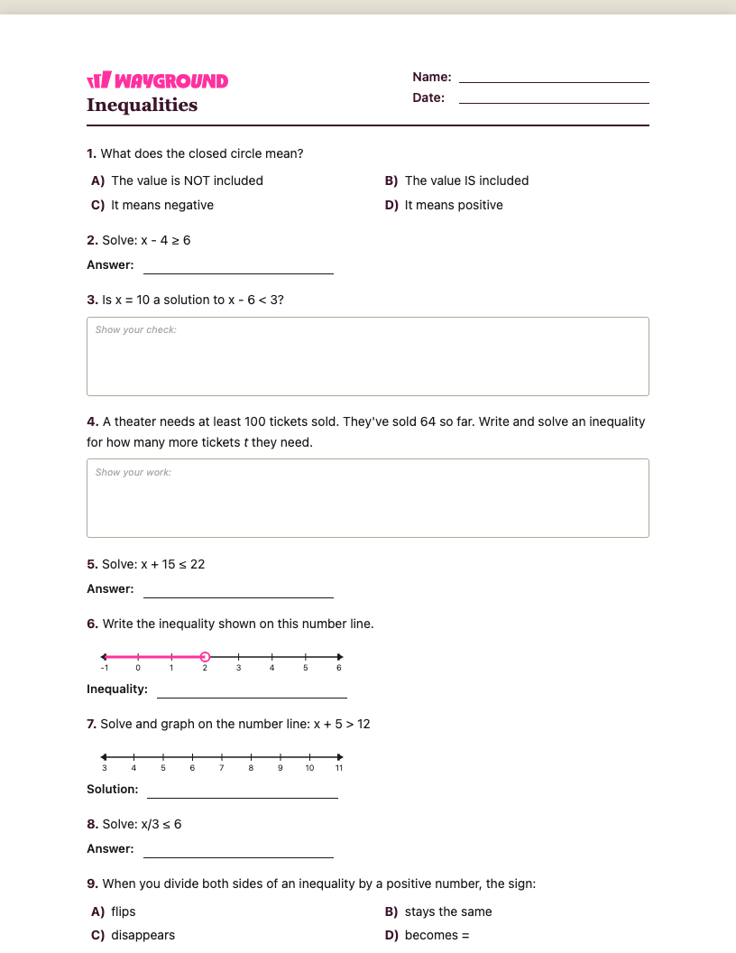 Inequalities Worksheet - Có thể in Bất-bình-đẳng Phiếu-bài-tập Lớp 6 - Quizizz
