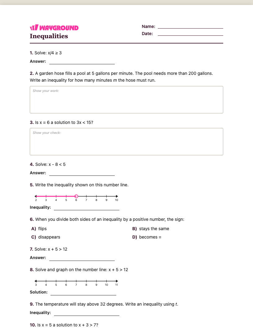 Inequalities Worksheet - Có thể in Bất-bình-đẳng Phiếu-bài-tập Lớp 6 - Quizizz
