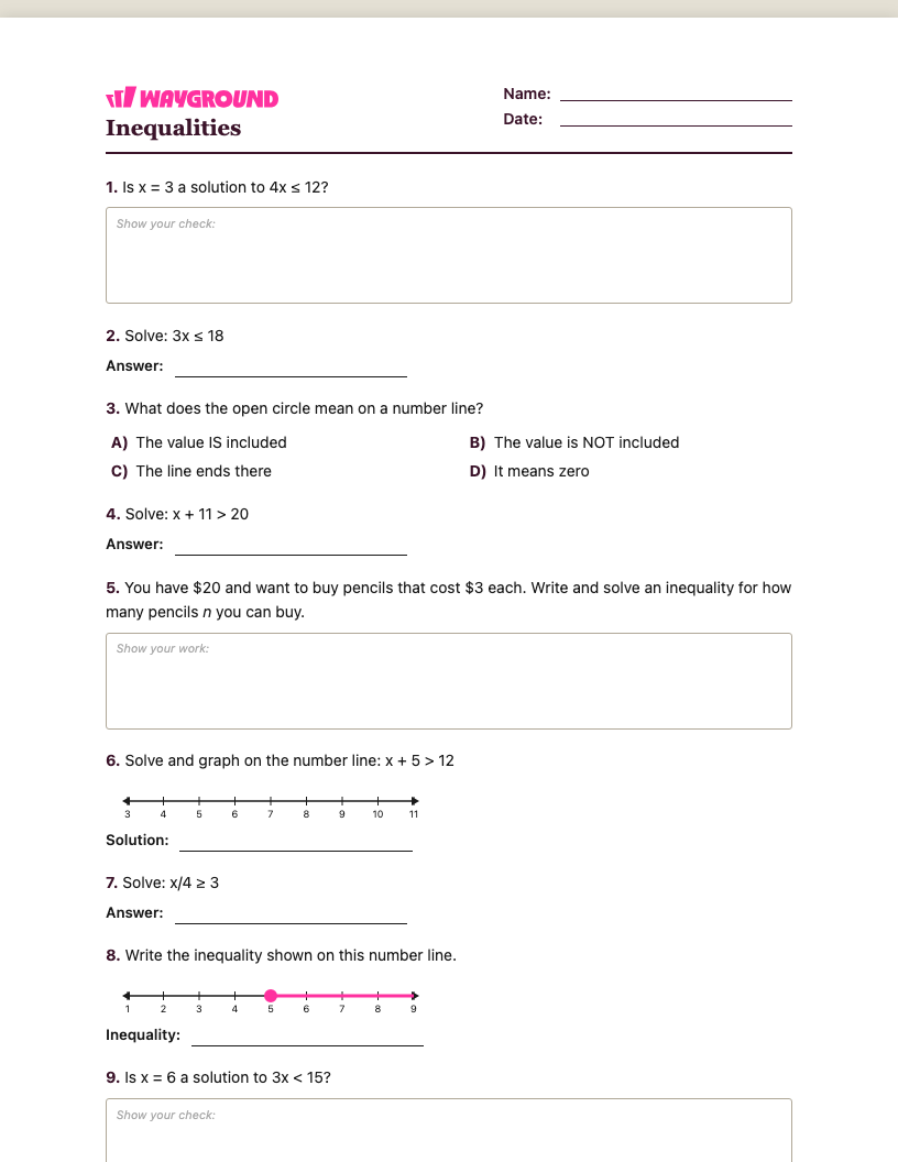 Inequalities Worksheet - พิมพ์ได้ ความไม่เท่าเทียม เวิร์กชีท - Wayground
