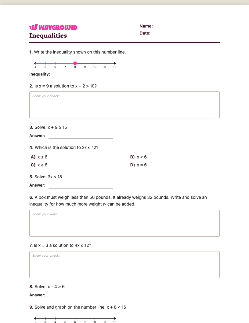 Inequalities Worksheet - Có thể in Bất-bình-đẳng Phiếu-bài-tập Lớp 6 - Quizizz