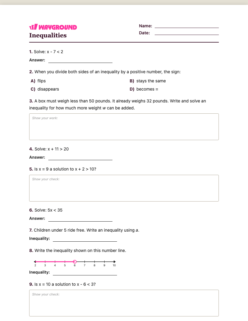 Inequalities Worksheet - Có thể in Bất-bình-đẳng Phiếu-bài-tập Lớp 6 - Quizizz