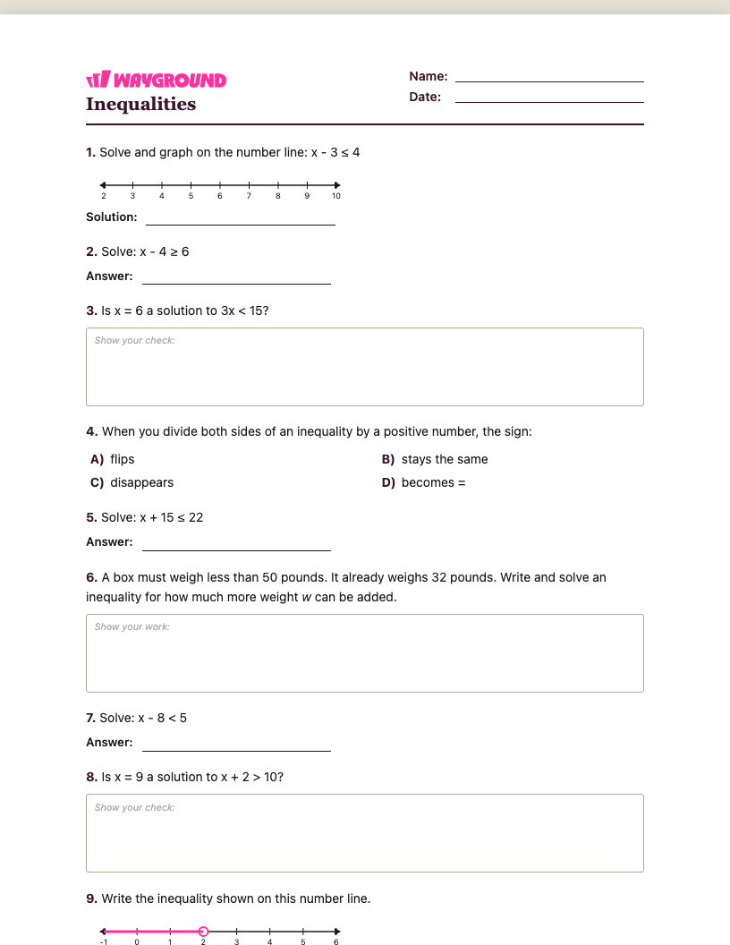 Inequalities Worksheet - Có thể in Bất-bình-đẳng Phiếu-bài-tập Lớp 6 - Quizizz
