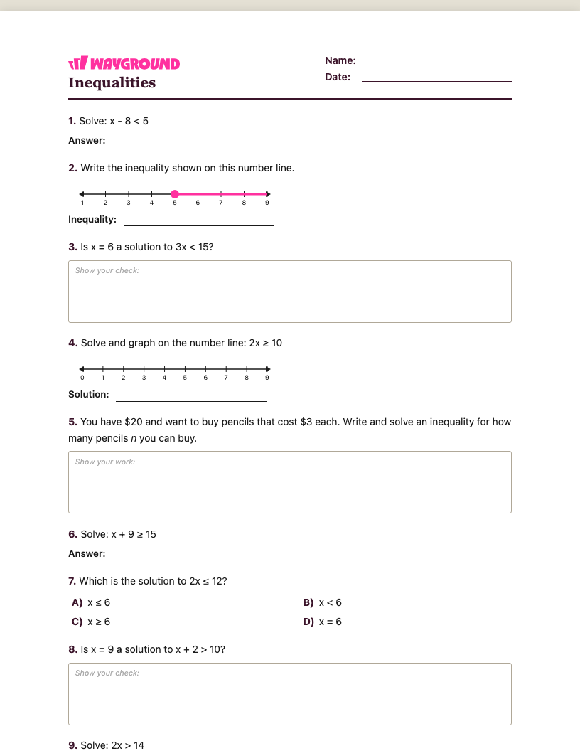 Inequalities Worksheet - Có thể in Bất-bình-đẳng Phiếu-bài-tập Lớp 6 - Quizizz