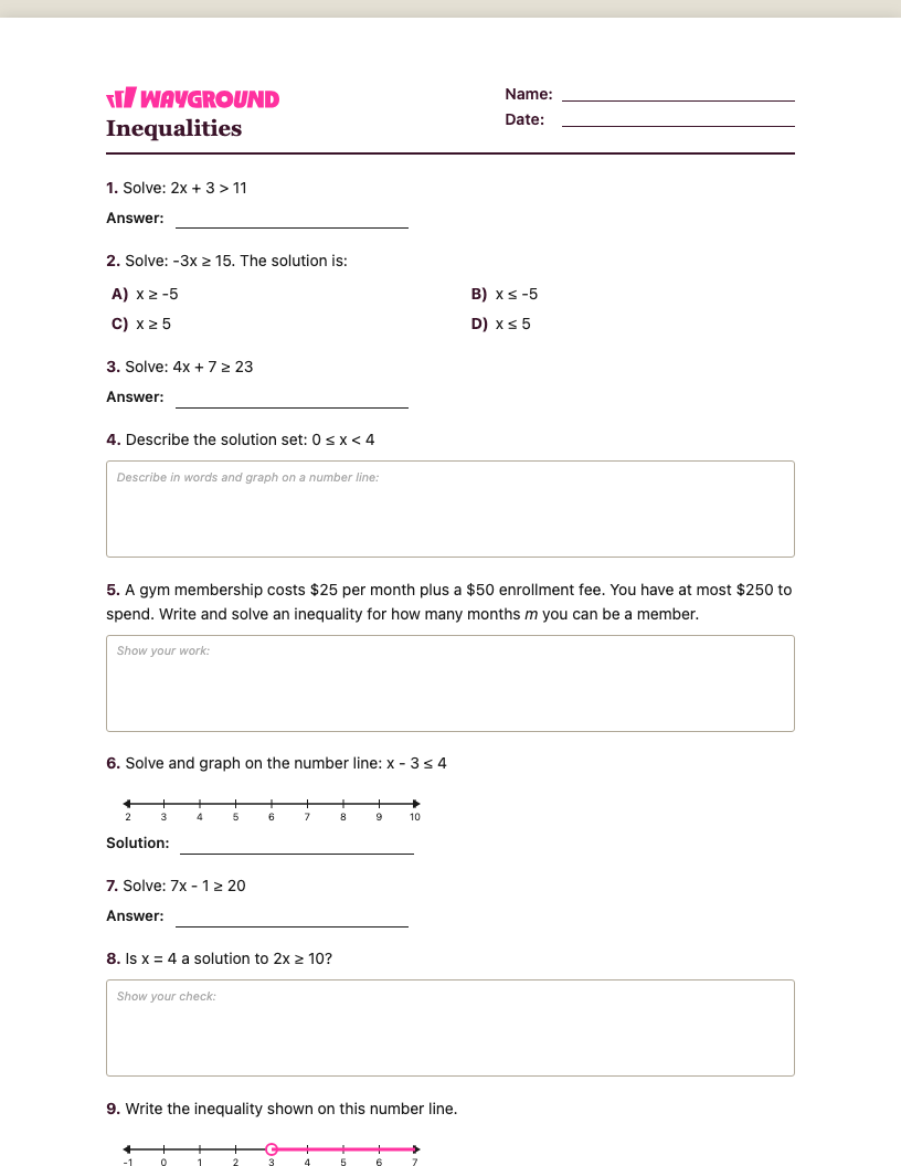 Inequalities Worksheet - พิมพ์ได้ ความไม่เท่าเทียม เวิร์กชีท - Wayground
