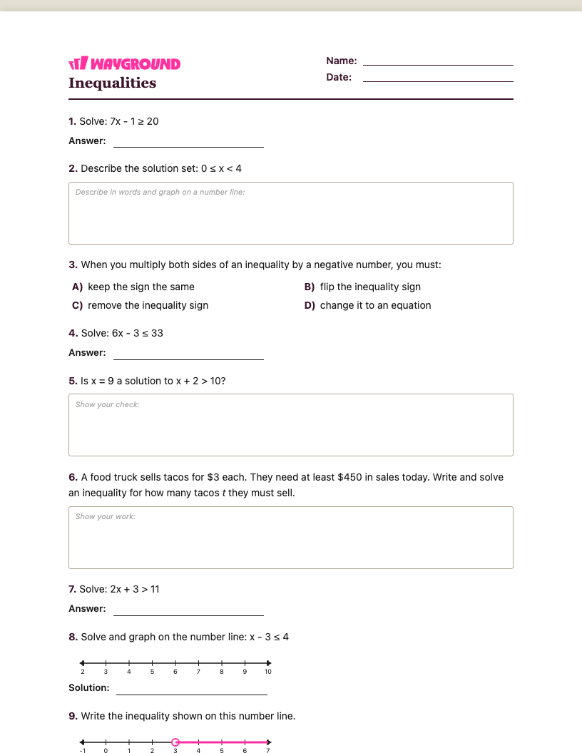Inequalities Worksheet - พิมพ์ได้ ความไม่เท่าเทียม เวิร์กชีท ระดับ 7 - Wayground