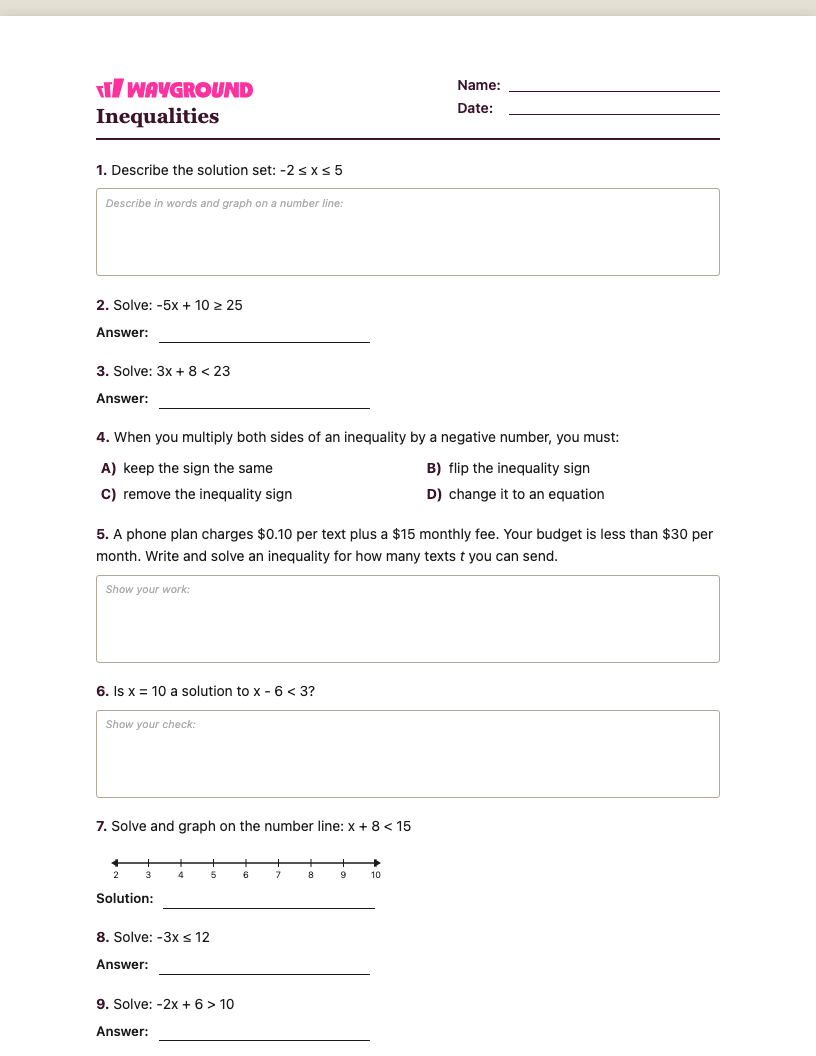 Inequalities Worksheet - พิมพ์ได้ ความไม่เท่าเทียม เวิร์กชีท ระดับ 7 - Wayground