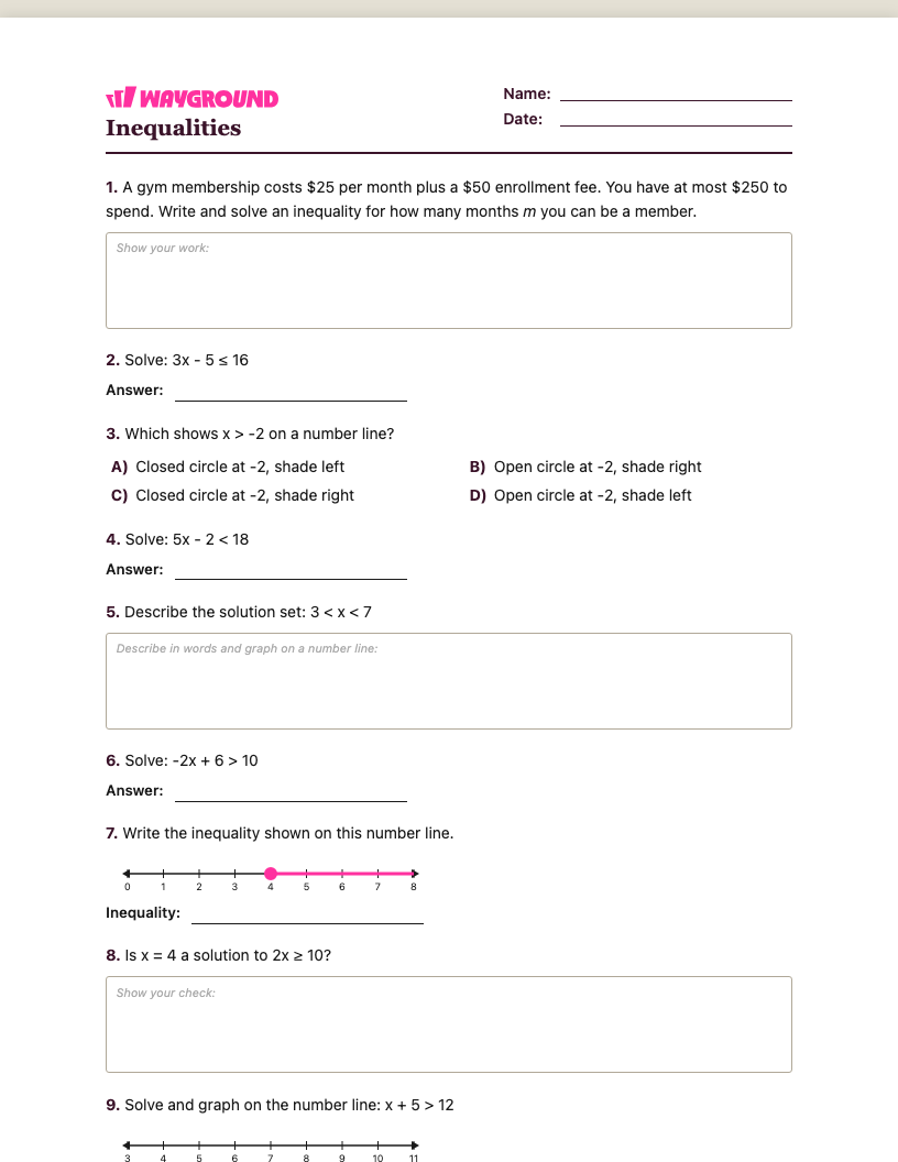 Inequalities Worksheet - พิมพ์ได้ ความไม่เท่าเทียม เวิร์กชีท ระดับ 7 - Wayground