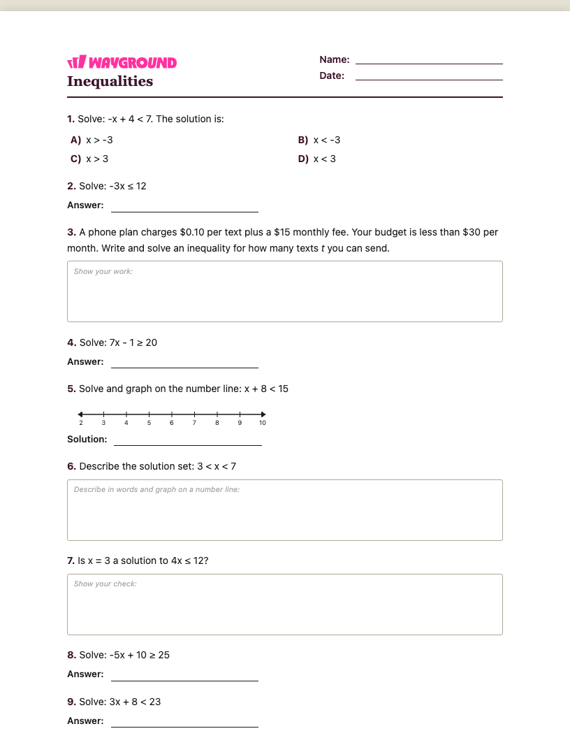 Inequalities Worksheet - พิมพ์ได้ ความไม่เท่าเทียม เวิร์กชีท - Wayground