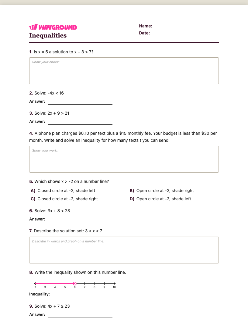 Inequalities Worksheet - พิมพ์ได้ ความไม่เท่าเทียม เวิร์กชีท ระดับ 7 - Wayground