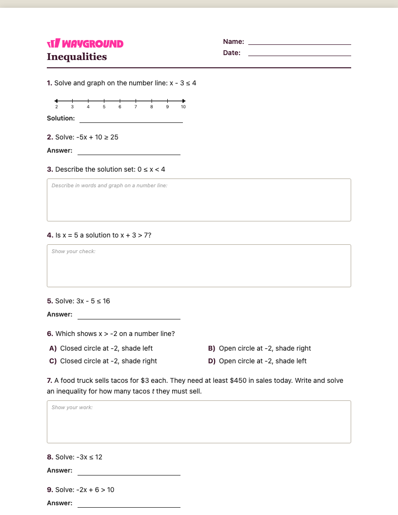 Inequalities Worksheet - พิมพ์ได้ ความไม่เท่าเทียม เวิร์กชีท ระดับ 7 - Wayground