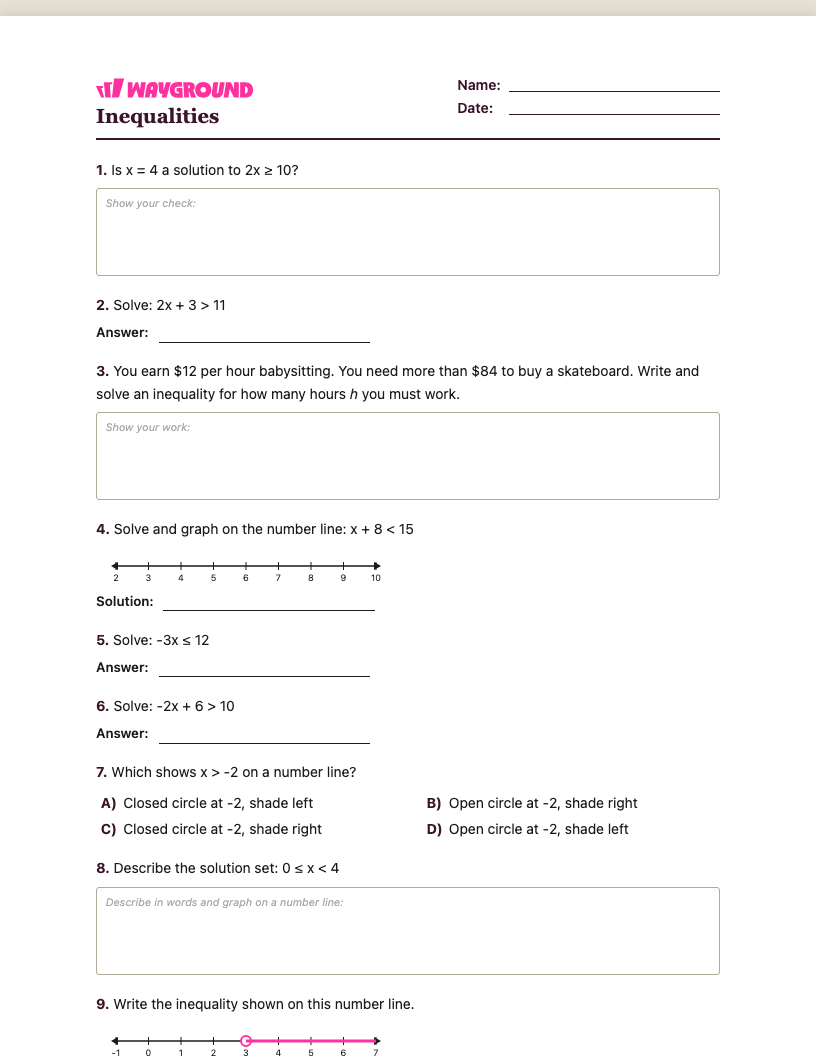 Inequalities Worksheet - พิมพ์ได้ ความไม่เท่าเทียม เวิร์กชีท ระดับ 7 - Wayground