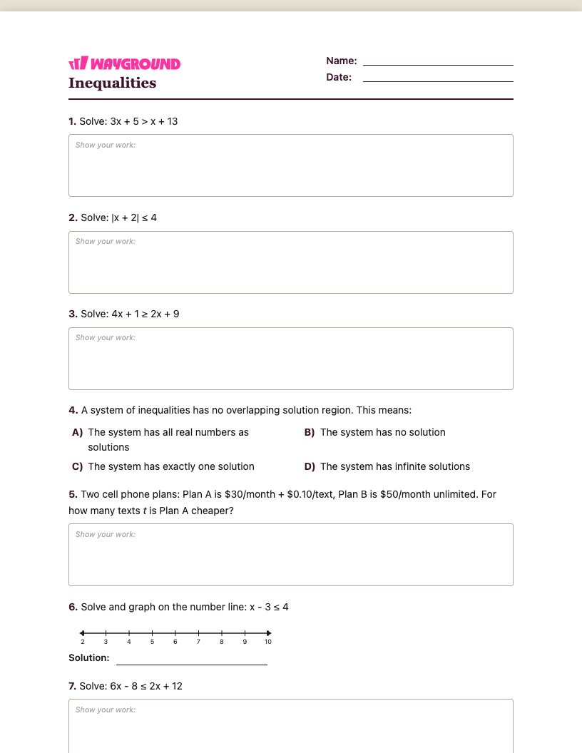 Inequalities Worksheet - พิมพ์ได้ ความไม่เท่าเทียม เวิร์กชีท ระดับ 8 - Wayground