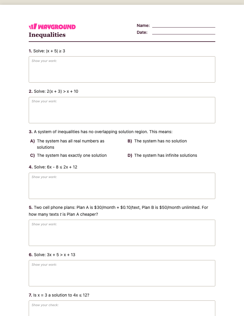 Inequalities Worksheet - พิมพ์ได้ ความไม่เท่าเทียม เวิร์กชีท ระดับ 8 - Wayground