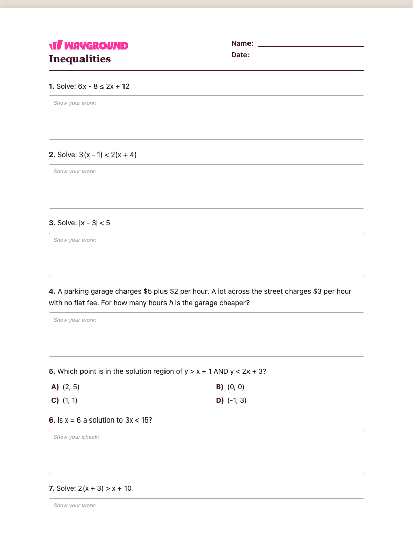 Inequalities Worksheet - พิมพ์ได้ ความไม่เท่าเทียม เวิร์กชีท ระดับ 8 - Wayground