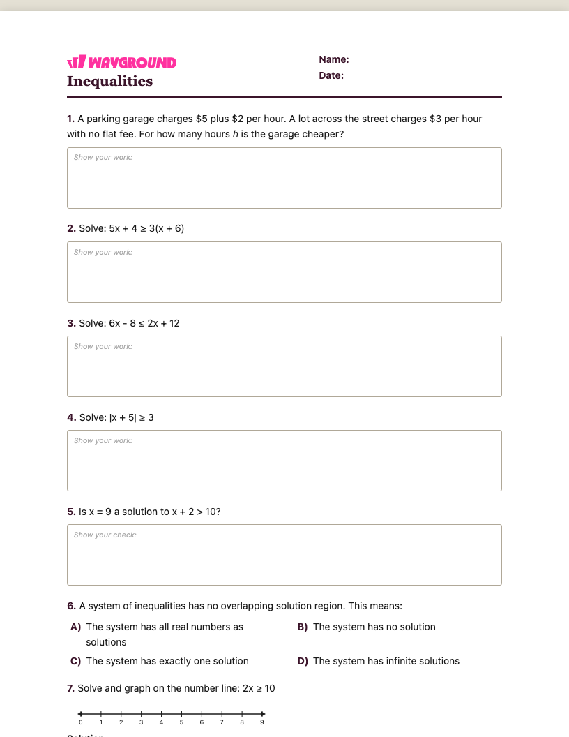Inequalities Worksheet - พิมพ์ได้ ความไม่เท่าเทียม เวิร์กชีท ระดับ 8 - Wayground