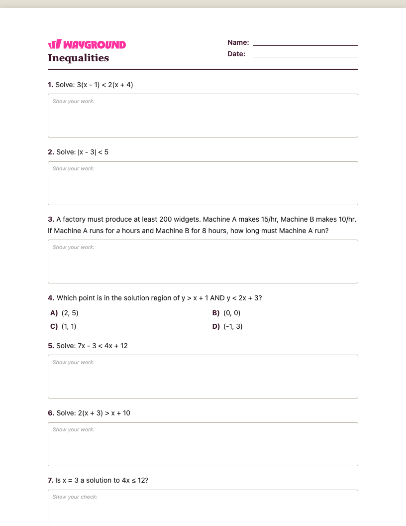 Inequalities Worksheet - พิมพ์ได้ ความไม่เท่าเทียม เวิร์กชีท ระดับ 8 - Wayground