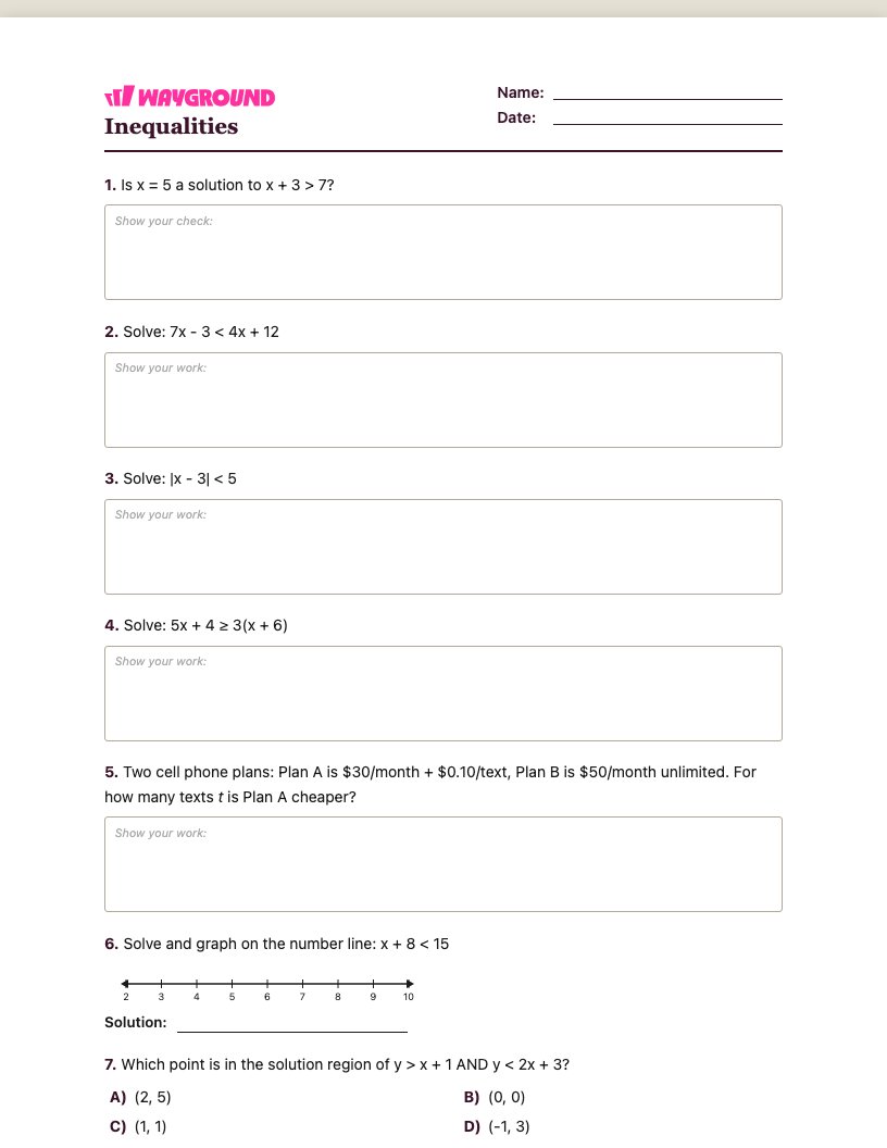 Inequalities Worksheet - พิมพ์ได้ ความไม่เท่าเทียม เวิร์กชีท ระดับ 8 - Wayground