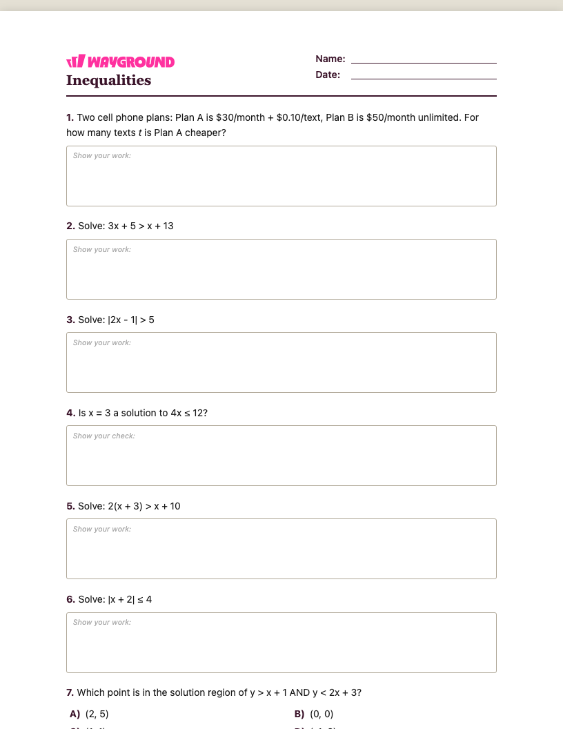 Inequalities Worksheet - พิมพ์ได้ ความไม่เท่าเทียม เวิร์กชีท ระดับ 8 - Wayground