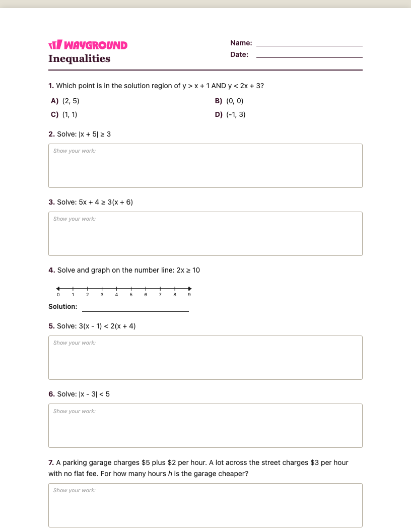 Inequalities Worksheet - พิมพ์ได้ ความไม่เท่าเทียม เวิร์กชีท ระดับ 8 - Wayground