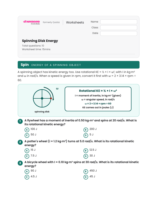 Spinning Disk Energy - Dapat dicetak Energi-kinetik Lembar-kerja Kelas 11 - Wayground