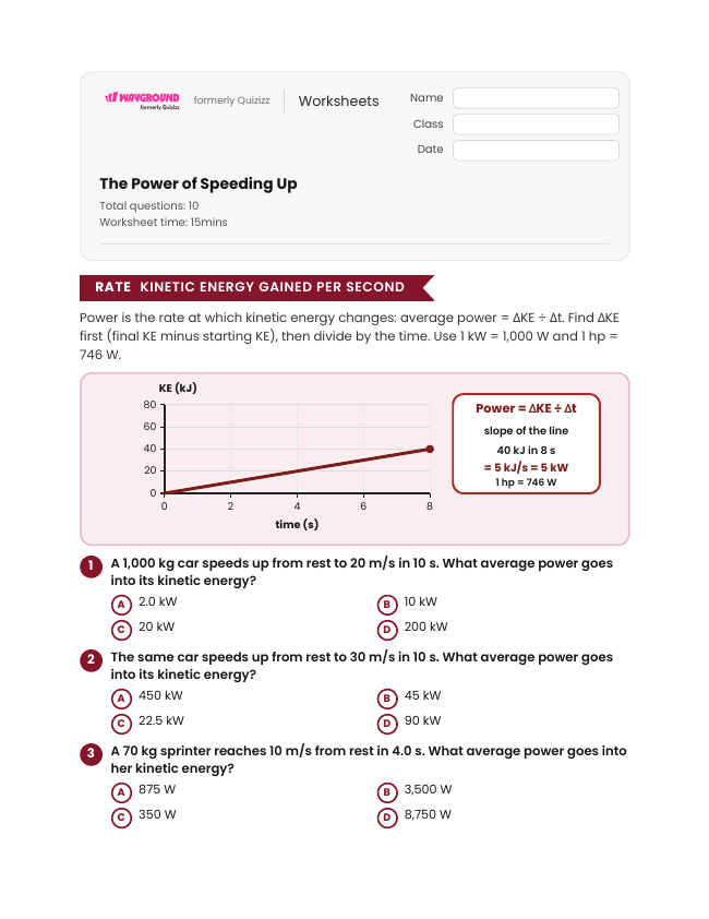 The Power of Speeding Up - Dapat dicetak Energi-kinetik Lembar-kerja Kelas 11 - Wayground