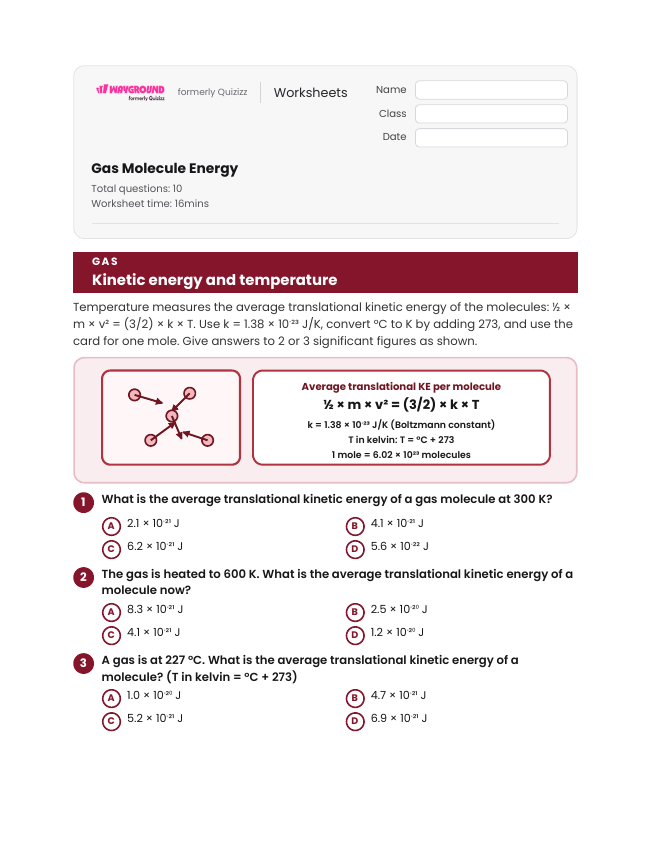 Gas Molecule Energy - Dapat dicetak Energi-kinetik Lembar-kerja Kelas 12 - Wayground
