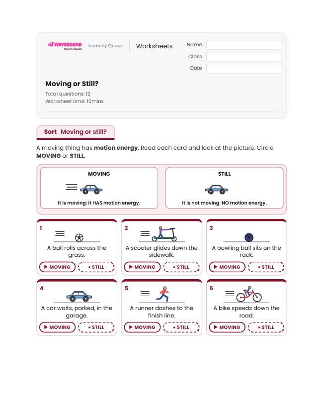 Moving or Still? - Printable Kinetic-energy Worksheets Grade 3 - Wayground