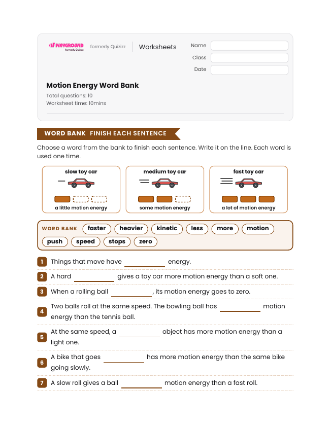 Motion Energy Word Bank - Printable Kinetic-energy Worksheets Grade 3 - Wayground