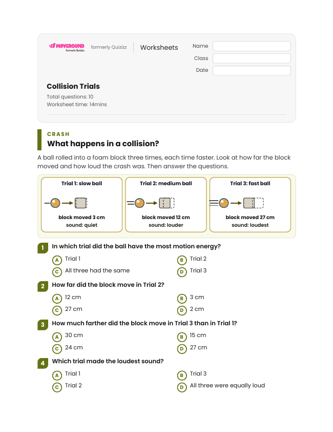 Collision Trials - Printable Kinetic-energy Worksheets Grade 4 - Wayground