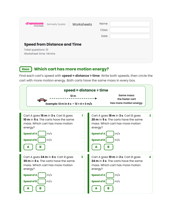 Speed from Distance and Time - Printable Kinetic-energy Worksheets Grade 4 - Wayground