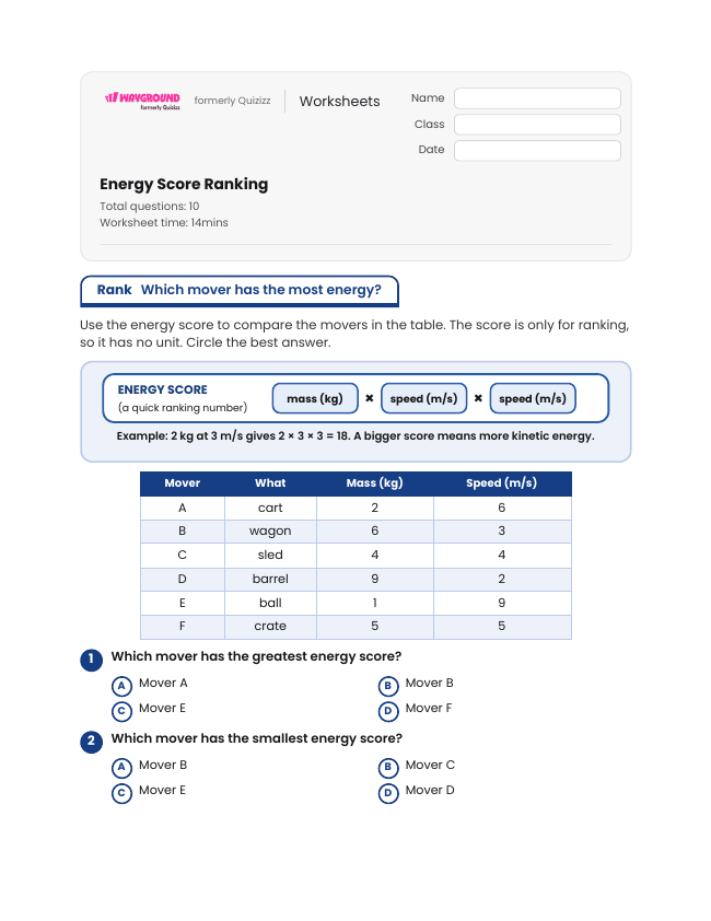 Energy Score Ranking - Printable Kinetic-energy Worksheets Grade 7 - Wayground