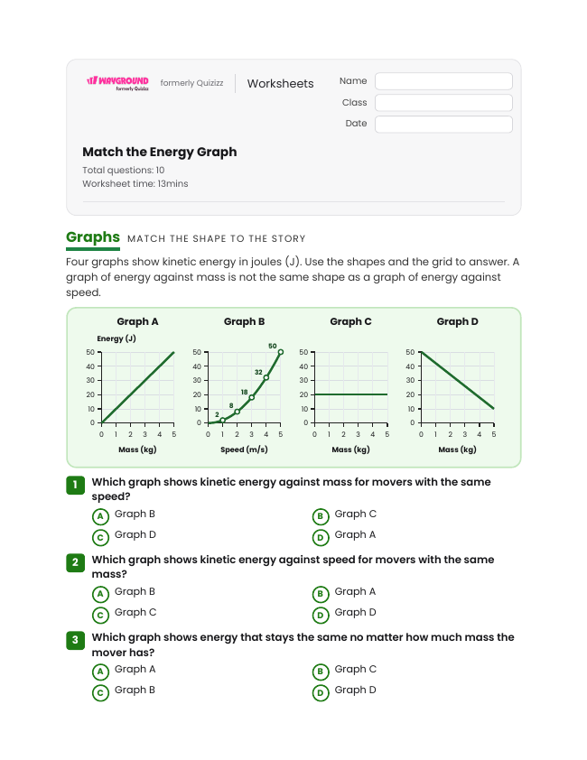 Match the Energy Graph - Printable Kinetic-energy Worksheets Grade 7 - Wayground