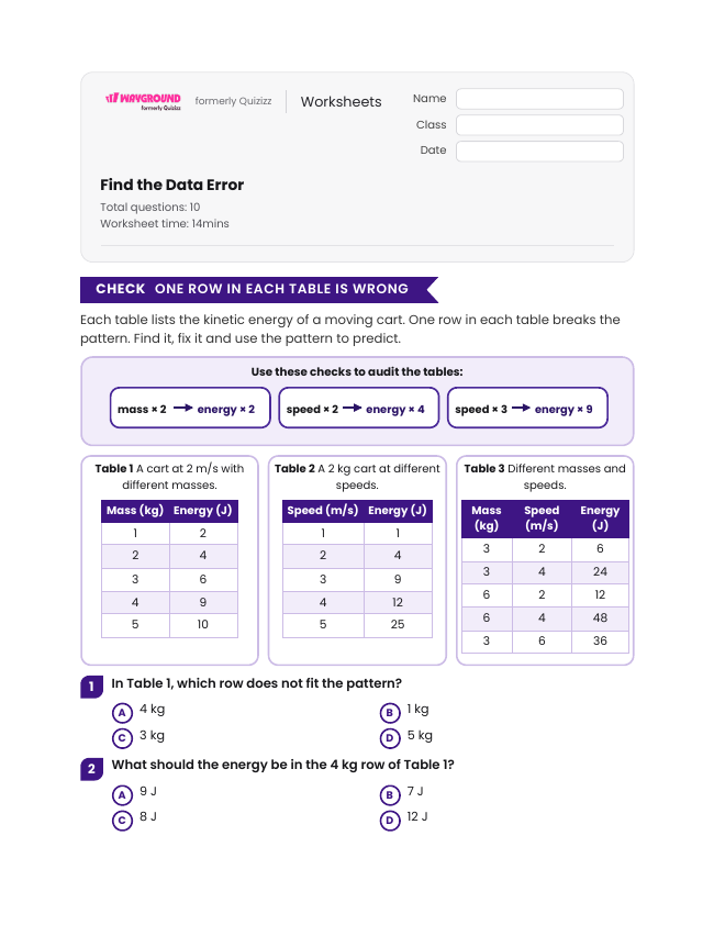 Find the Data Error - Printable Kinetic-energy Worksheets Grade 7 - Wayground