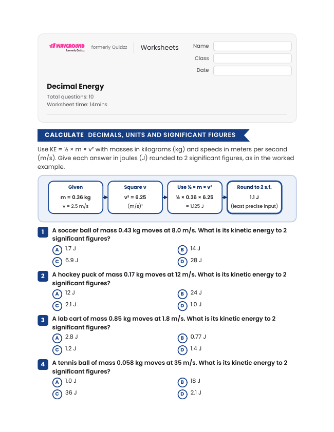 Decimal Energy - Printable Kinetic-energy Worksheets Grade 9 - Wayground
