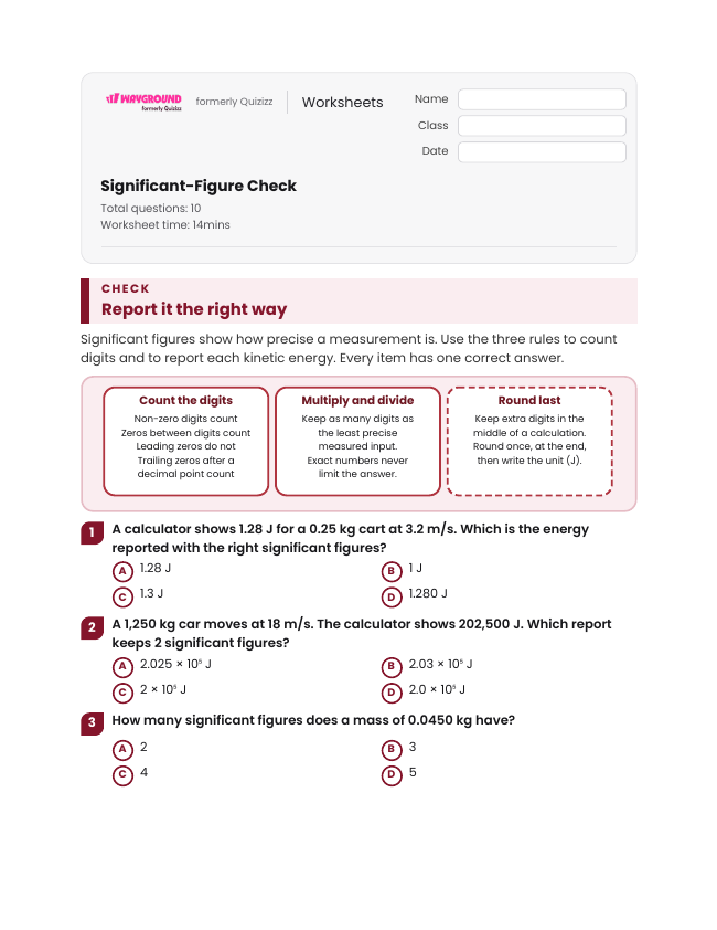 Significant-Figure Check - Printable Kinetic-energy Worksheets Grade 9 - Wayground