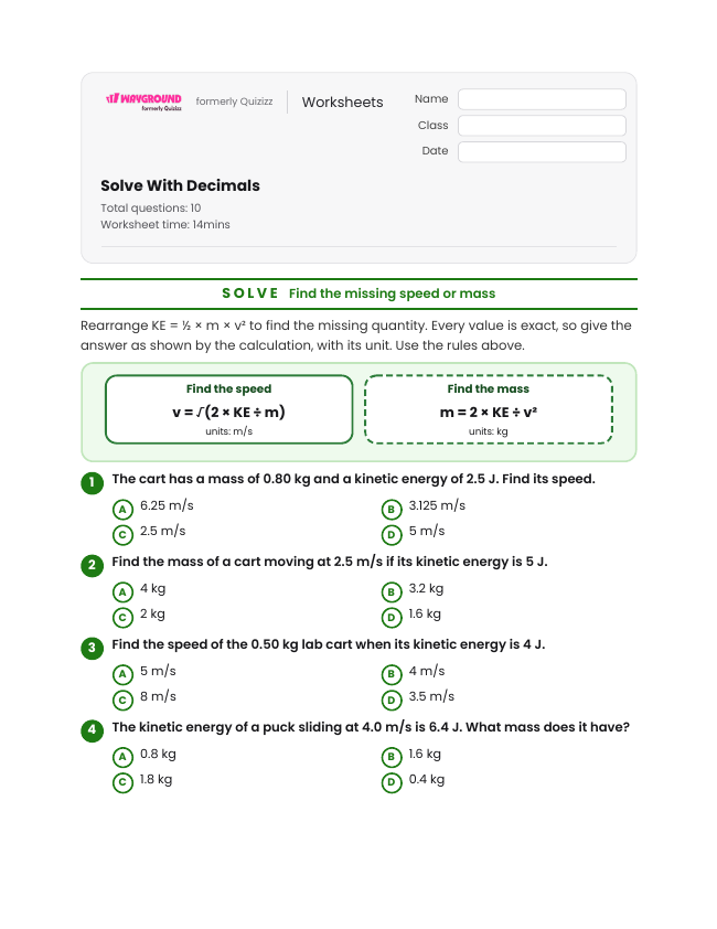 Solve With Decimals - Printable Kinetic-energy Worksheets Grade 9 - Wayground